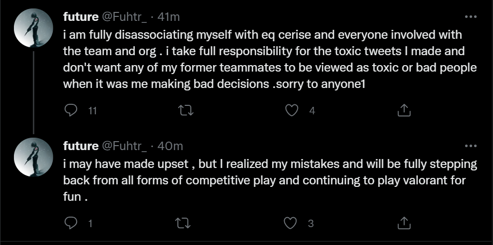EQ Cerise player, Future announced her departure from the team. She also said she takes responsibility for her toxic tweets. Screengrab via <a href="https://twitter.com/Fuhtr_/status/1578991844565712896" target="_blank" rel="noreferrer noopener nofollow">Twitter</a>.