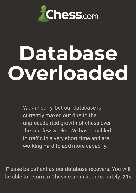 Chess.com server crashes due to heavy traffic.