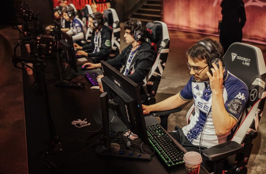 MAD Lions setting up on stage to play against G2 Esports at MSI 2023 (Image via Colin Young-Wolff and Riot Games)