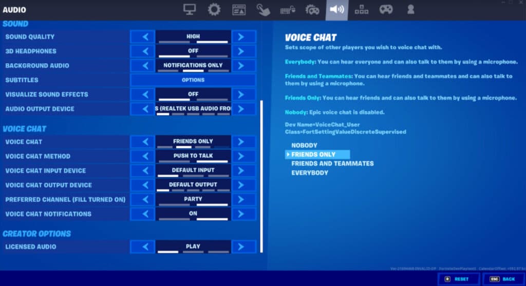 Fortnite voice chat options (Image via Epic Games)