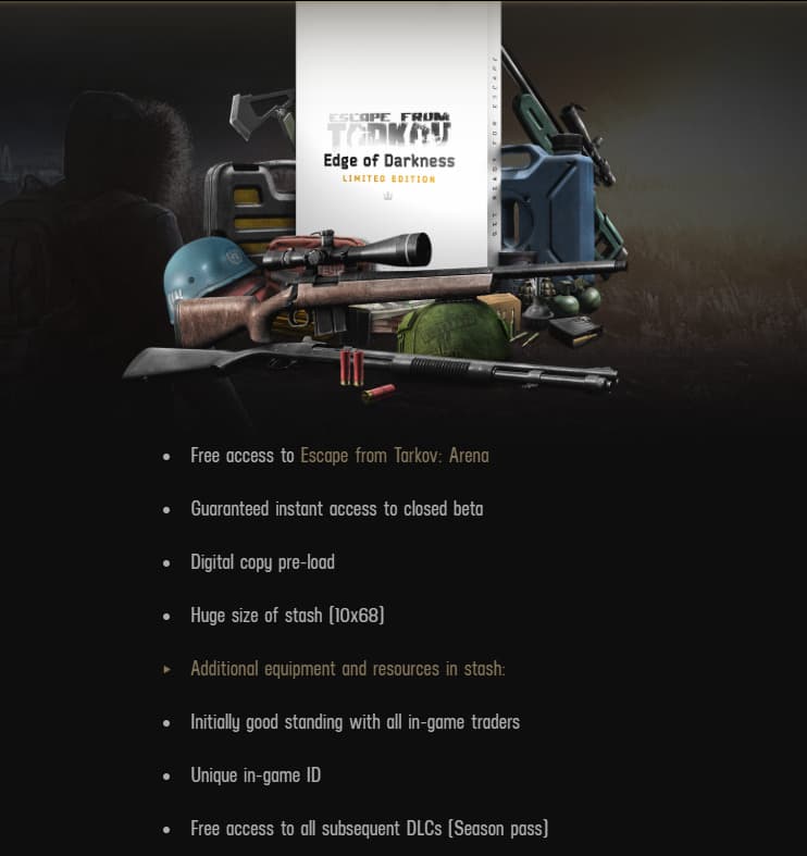 Priced at €155, players will have several rewards in the Edge of Darkness version (Image via EFT Website)