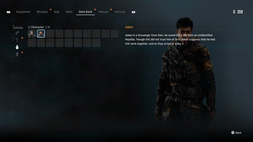 Adam's Bio in Stellar Blade Data Bank (screenshot by esports.gg)