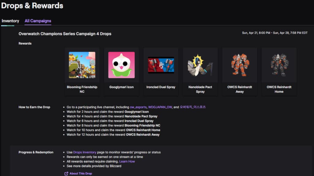 Screenshot of the OWCS Reinhardt skins and more (Image via esports.gg)