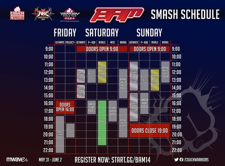 BAM 14 Smash schedule (image via couchwarriors.org)