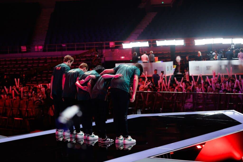 FlyQuest are seen on stage after being defeated by PSG Talon during MSI Play-Ins at the Chengdu Financial City Performing Arts Center in Chengdu, China on May 05, 2024. (Photo by Liu YiCun/Riot Games)