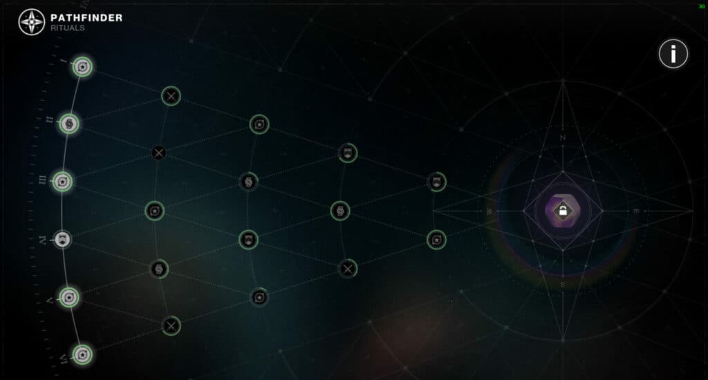 Pathfinder progress earns XP rewards from vendors, but you have to work left to right to be able to redeem those rewards (Image via esports.gg)