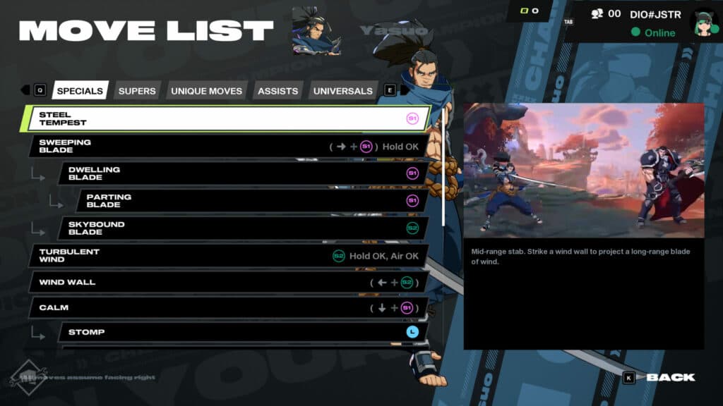 2XKO Yasuo move list (Image via esports.gg)
