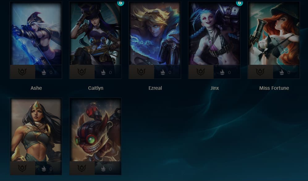 A selection of bot Champions on a League of Legends beginner’s account (Image via esports.gg)