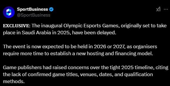 Esports Olympic Games 2025 postponed (image via <a href="https://x.com/SportBusiness/status/1883846371700011238">Twitter</a>)