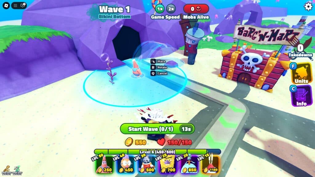 Barnacle Boy Patrick will save you during the early waves. (Screenshot via esports.gg)