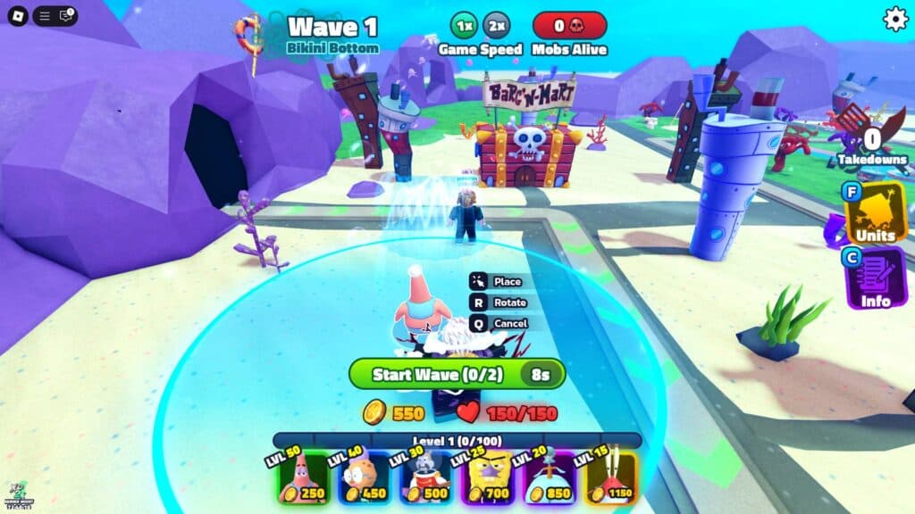 You'll have six units to use for this quest. Position them properly to defend Bikini Bottom. (Screenshot via esports.gg)