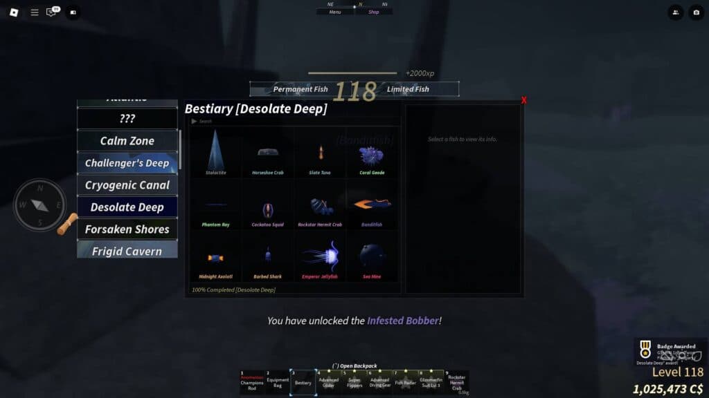 Once you have 100% Desolate Deep Bestiary, you'll unlock the Infested Bobber. (Screenshot via esports.gg)