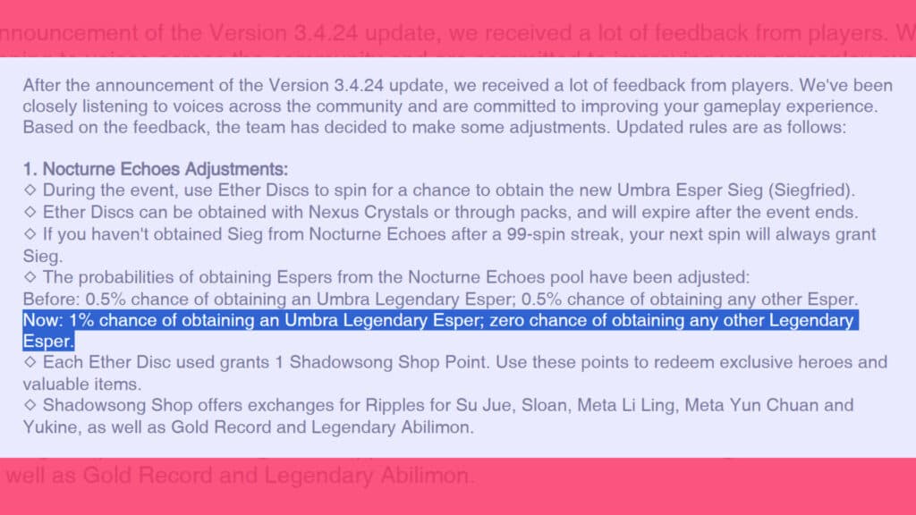 Screenshot of the Nocturne Echoes pull rate for Umbra units (Image via esports.gg)