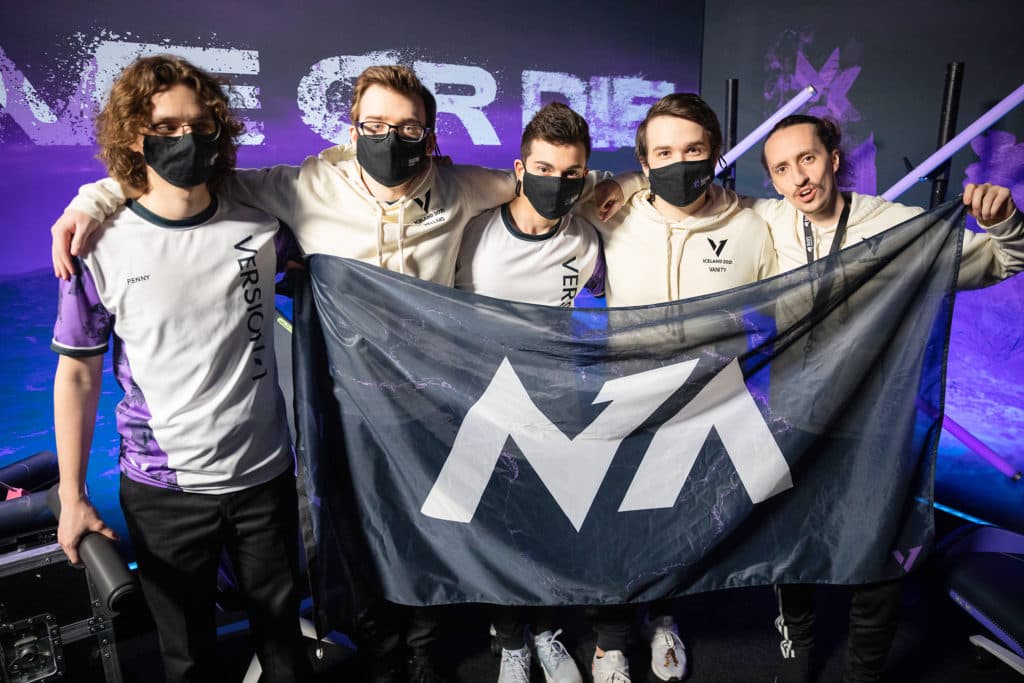 Version1 pose at <a href="https://esports.gg/news/valorant/optic-gaming-are-crowned-the-vct-masters-reykjavik-champions/">VCT Masters Reykjavik</a>. Image credit: Colin Young-Wolff/Riot Games.