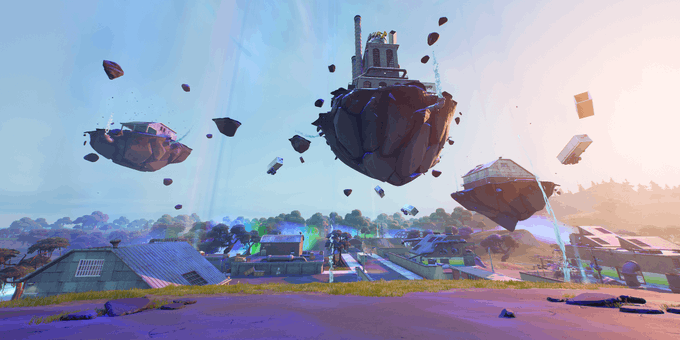 Chunks of land from Slurpy Swamp are beamed up via the tractor beam. Image Credit: <a href="https://www.epicgames.com/fortnite/en-US/news/fortnite-battle-royale-v17-30-update-the-grab-itron-and-the-abduction-of-slurpy-swamp" target="_blank" rel="noreferrer noopener">Epic Games</a>.