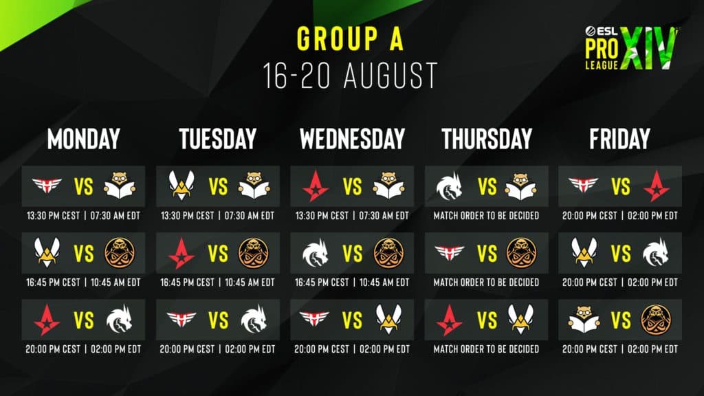 ESL Pro League Season 14 Group A Schedule [Courtesy:@<a href="https://twitter.com/ESLCS" target="_blank" rel="noreferrer noopener">ESLCS</a>]