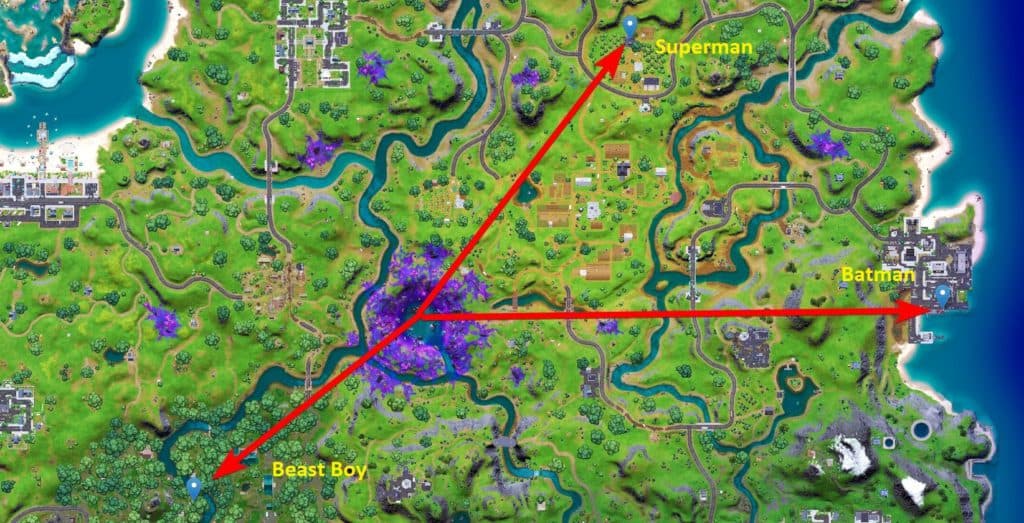 <em>The spawn locations for the three NPCs in the latest Fortnite update. Image Credit: </em><a href="https://twitter.com/HYPEX/status/1422659614122856448" target="_blank" rel="noreferrer noopener"><em>HYPEX</em></a><em> (modified).</em>