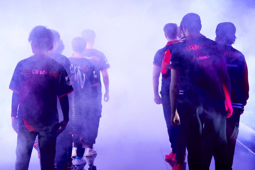 Crazy Raccoon line up against Gambit before their opening match of Masters Berlin. Image credit: Lance Skundrich/Riot Games.