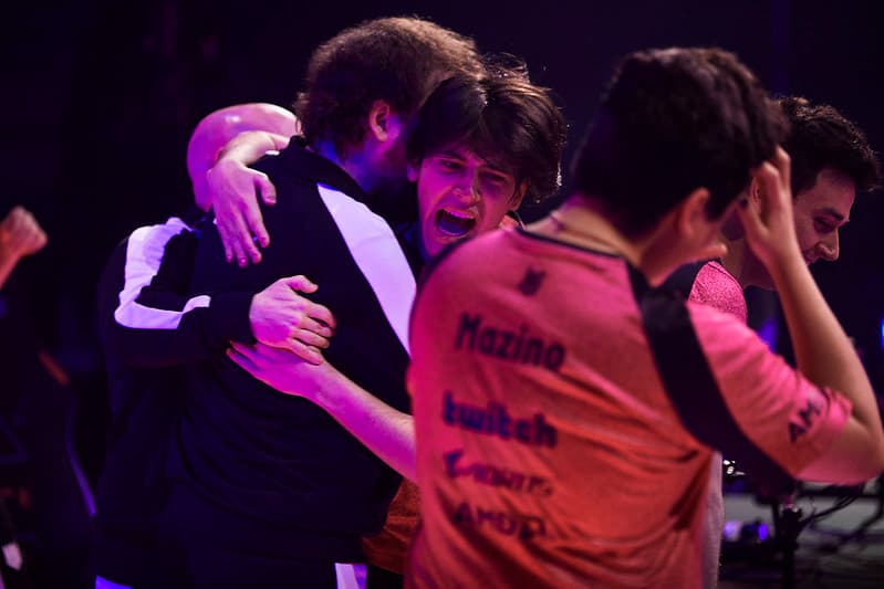 BERLIN, GERMANY - SEPTEMBER 15: Team KRU Esports reacts after a victory at the VALORANT Champions Tour 2021: Stage 3 Masters on September 15, 2021 in Berlin, Germany. (Photo by Lance Skundrich/Riot Games)