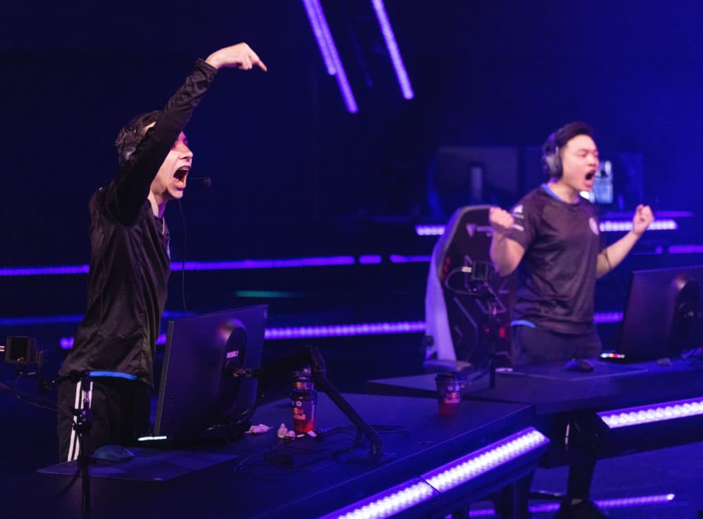 crashies and Victor celebrate after a round win against Sentinels. Image credit: Colin Young-Wolff/Riot Games.