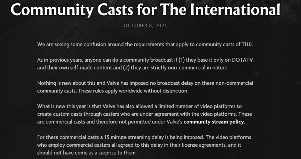 Rules of Community Casts for TI on dota2.com