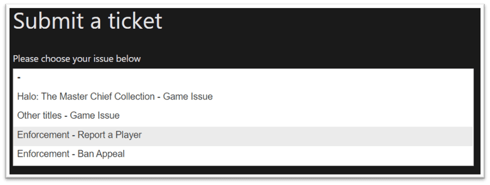 Halo Infinite 'Submit a Ticket' on the official website.