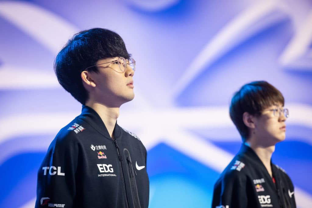 Viper (forefront) at the Worlds 2021 finals opening ceremony. The World Champion AD Carry may be on the move for 2022. (RIOT GAMES/Colin Young-Wolff)
