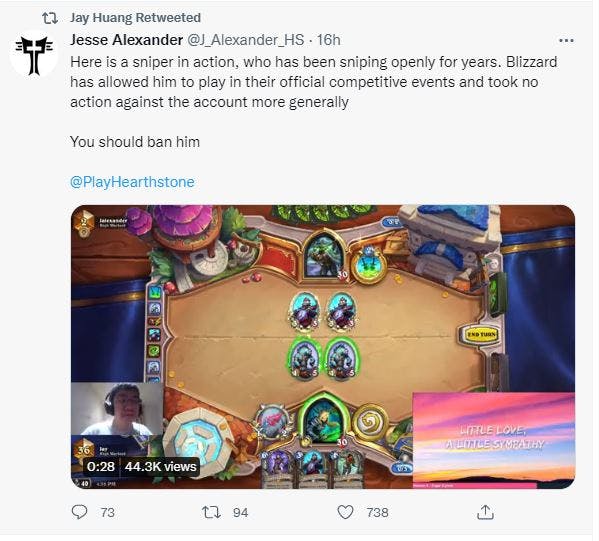 Jay retweeting his opponent's accusation of stream sniping and request for a ban from the Hearthstone Esports scene