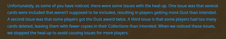 Hearthstone Forum post about <a href="https://us.forums.blizzard.com/en/hearthstone/t/recent-dust-grants-and-missing-cards/79381" target="_blank" rel="noreferrer noopener nofollow">"Recent Dust Grans and Missing Cards"</a>