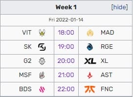 LEC 2022 Opening Day matches on January 14th (Times in CET) Image from Lol.fandom.com