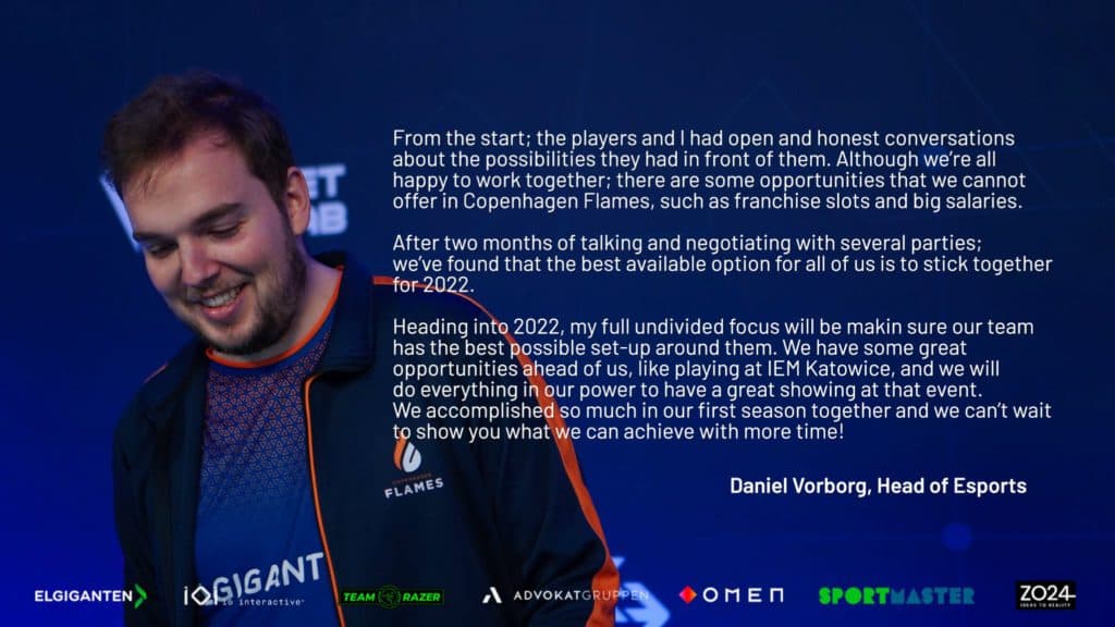 After two months of negotiating with several parties, the players decided to stick together for 2022. Vorborg stepped up as the team's head coach. Source: <a href="https://twitter.com/CPHFlames/status/1474032093843922950" target="_blank" rel="noreferrer noopener nofollow">Copenhagen Flames twitter</a>.