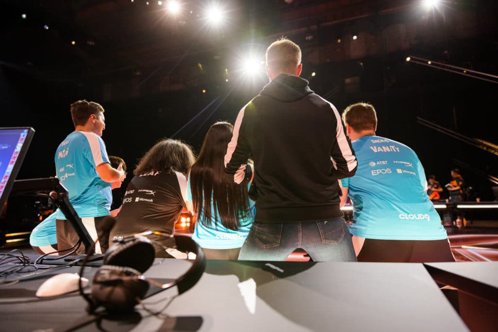 leaf and Cloud9 teammates at Champions (Photo by Lance Skundrich/Riot Games)