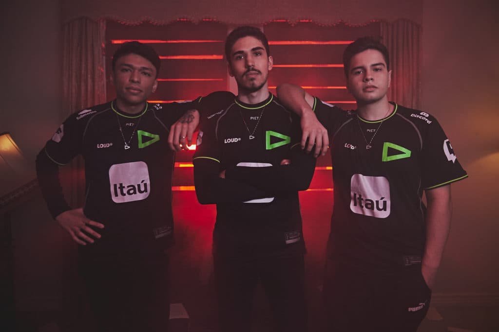 &nbsp;Bryan "pANcada" Luna, Erick "aspas" Santos and Felipe "Less" Basso of team LOUD pose for the VALORANT Masters Features Day on April 8, 2022 in Reykjavik, Iceland. (Photo by Lance Skundrich/Riot Games)