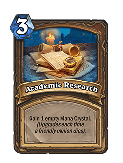 Academic Research<br>Old: Start of Game: Draw this. Gain 1 Mana Crystal. (Upgrades each time a friendly minion dies).&nbsp;<strong>→</strong>&nbsp;<strong>New: Gain 1 empty Mana Crystal. (Upgrades each time a friendly minion dies).</strong>