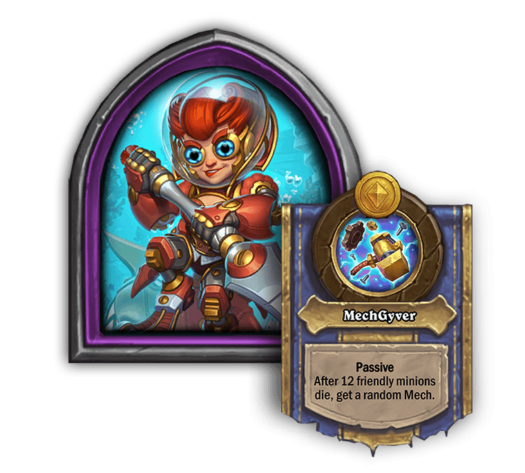 MechGyver (Ini Stormcoil’s Hero Power)<br>Old: Passive: After 9 friendly minions die, get a random Mech.&nbsp;<strong>→</strong>&nbsp;<strong>New: Passive: After 12 friendly minions die, get a random Mech.</strong>