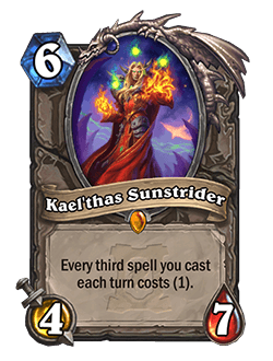 Kael’thas Sunstrider<br>Old: Every third spell you cast each turn costs (0).&nbsp;<strong>→</strong>&nbsp;<strong>New: Every third spell you cast each turn costs (1).</strong>