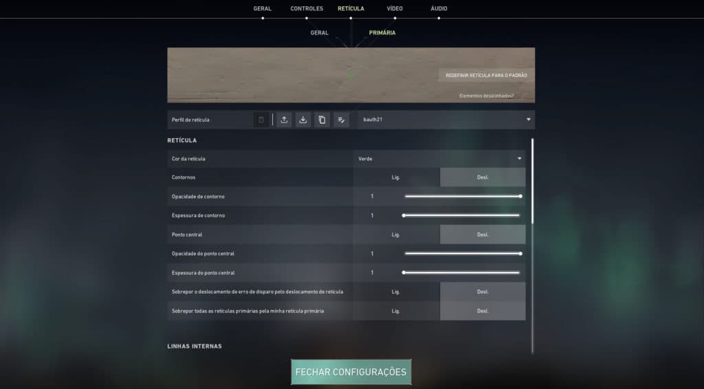 Sessão de configuração da retícula, onde é ajustado a 'Retícula' - Reprodução: VALORANT