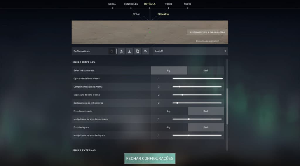 Sessão de configuração da retícula, onde é ajustado a 'Linha Interna' - Reprodução: VALORANT