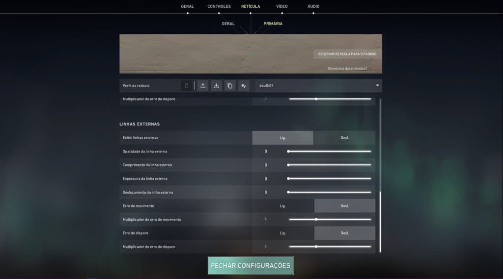 Sessão de configuração da retícula, onde é ajustado a 'Linha Externa' - Reprodução: VALORANT