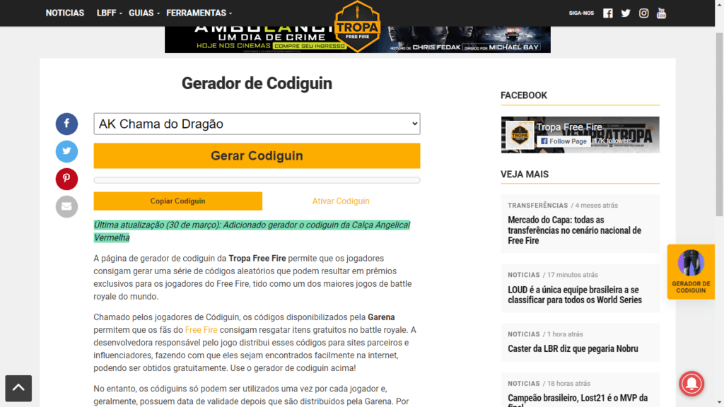Gerador de codiguin no site Tropa Free Fire - Imagem: Reprodução