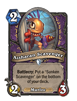 Azsharan Scavenger<br>Old: [Costs 3] 3 Attack, 4 Health <strong>→</strong> <strong>New: [Costs 2] 2 Attack, 3 Health</strong>