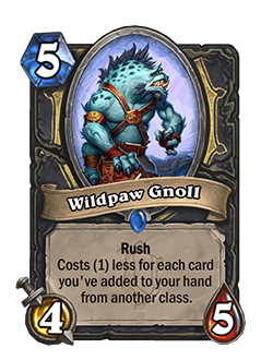 Wildpaw Gnoll<br>Old: [Costs 6] 3 Attack, 5 Health <strong>→</strong> <strong>New: [Costs 5] 4 Attack, 5 Health</strong>