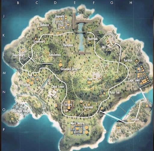 Imagem do mapa Bermuda, de Free Fire, que contém a Ilha de Sentosa