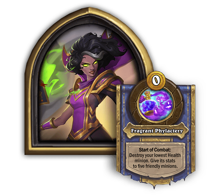 Tamsin Roame — Fragrant Phylactery<br>Old: Start of Combat: Destroy your lowest Health minion. Give its stats to four friendly minions. → <strong>New: Start of Combat: Destroy your lowest Health minion. Give its stats to five friendly minions.</strong>