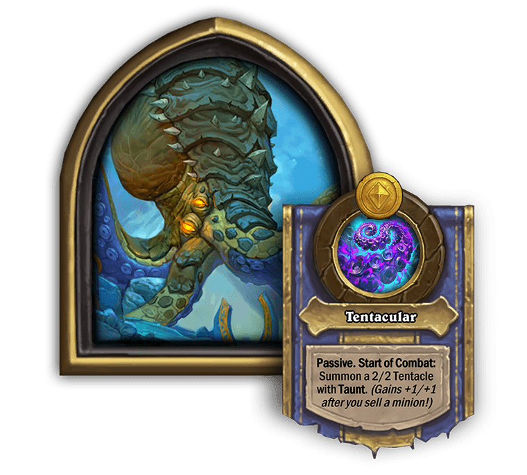 Ozumat – Tentacular<br>Old: Passive. Start of Combat: Summon a 2/2 Tentacle with Taunt. (Upgrades after you sell a minion!) → <strong>New: Passive. Start of Combat: Summon a 2/2 Tentacle with Taunt. (Gains +1/+1 after you sell a minion!)</strong>