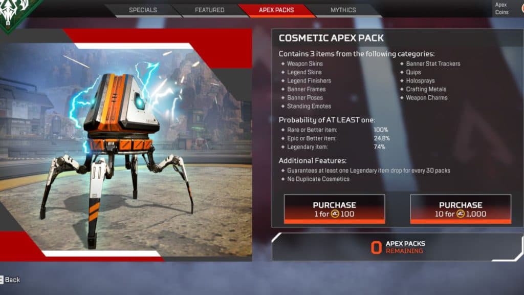 The drop rates from Apex Packs are kind of stingy but at least there are certain guarantees.