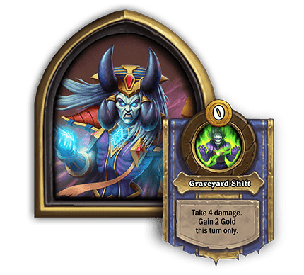 Lich Baz’hial<br>Old: Take 2 damage and add a Gold coin to your hand. → <strong>New: Take 4 damage. Gain 2 Gold this turn only.</strong>