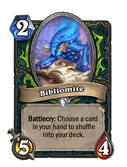 Bibliomite<br>Old: 4 Attack, 4 Health → <strong>New: 5 Attack, 4 Health</strong>