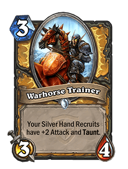 Warhorse Trainer<br>Old: Your Silver Hand Recruits Have +1 Attack. → <strong>New: Your Silver Hand Recruits have +2 Attack and Taunt.</strong>