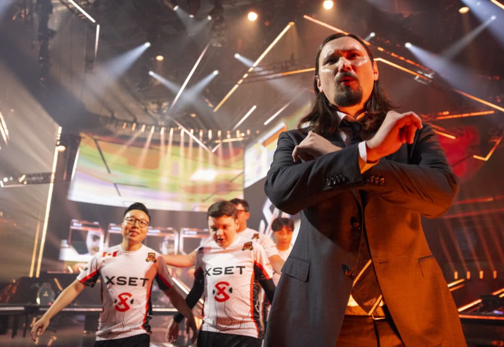 Coach Don "SyykoNT" Muir (R) and team XSET react with excitement at the VALORANT Champions 2022 Istanbul Groups Stage on September 3, 2022 in Istanbul, Turkey. (Photo by Colin Young-Wolff/Riot Games)